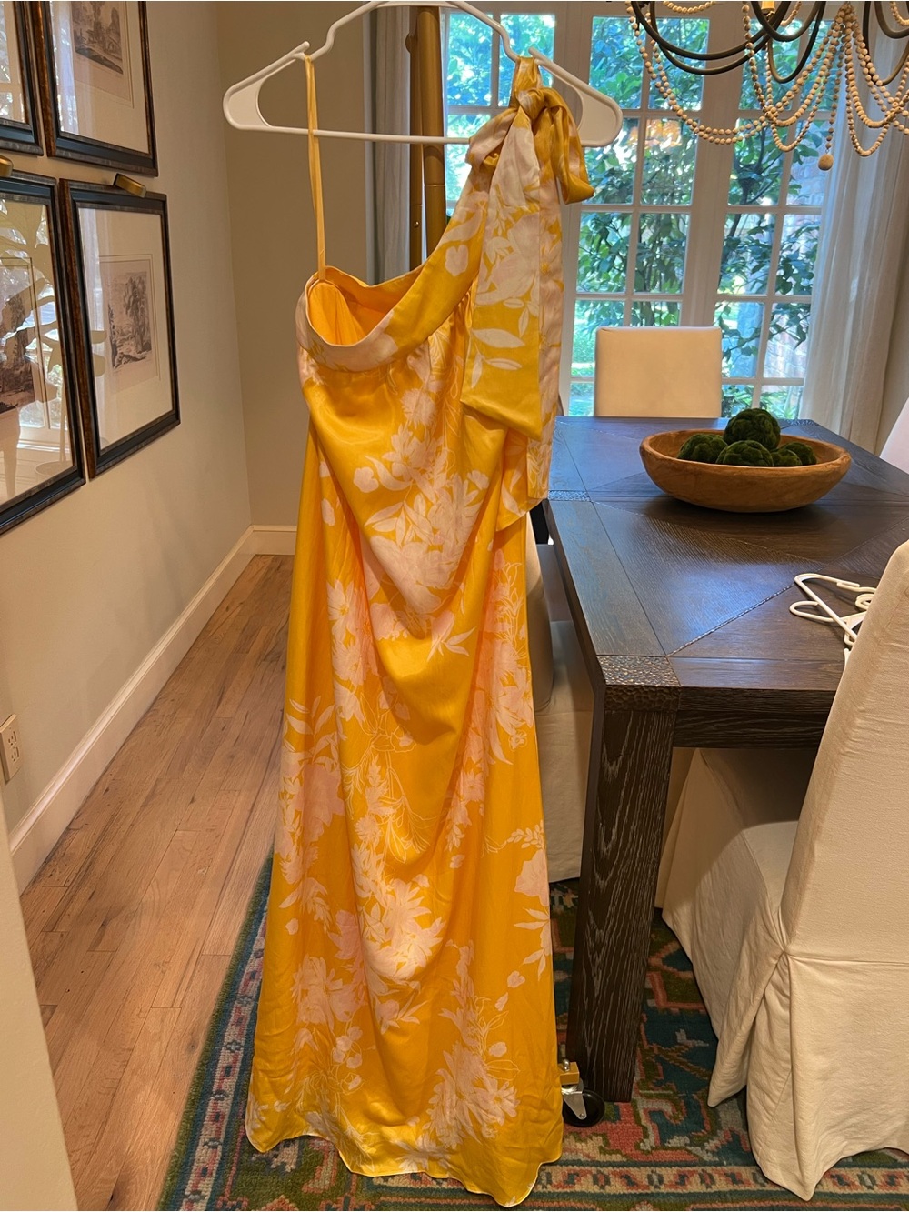 BHLDN Yellow Floral One-Shoulder Satin Dress